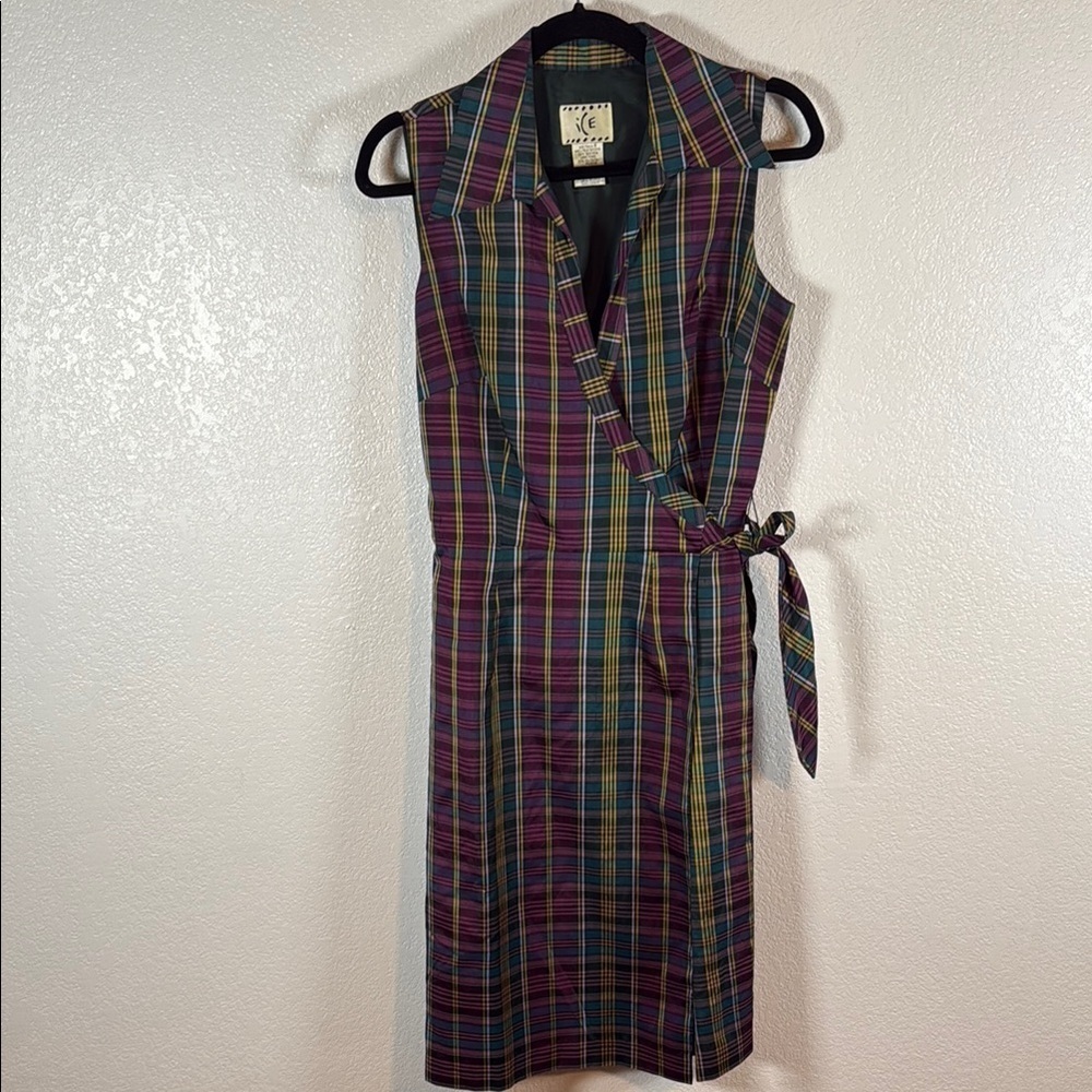 ICE Plaid Silk Collared True Wrap Dress Size 6